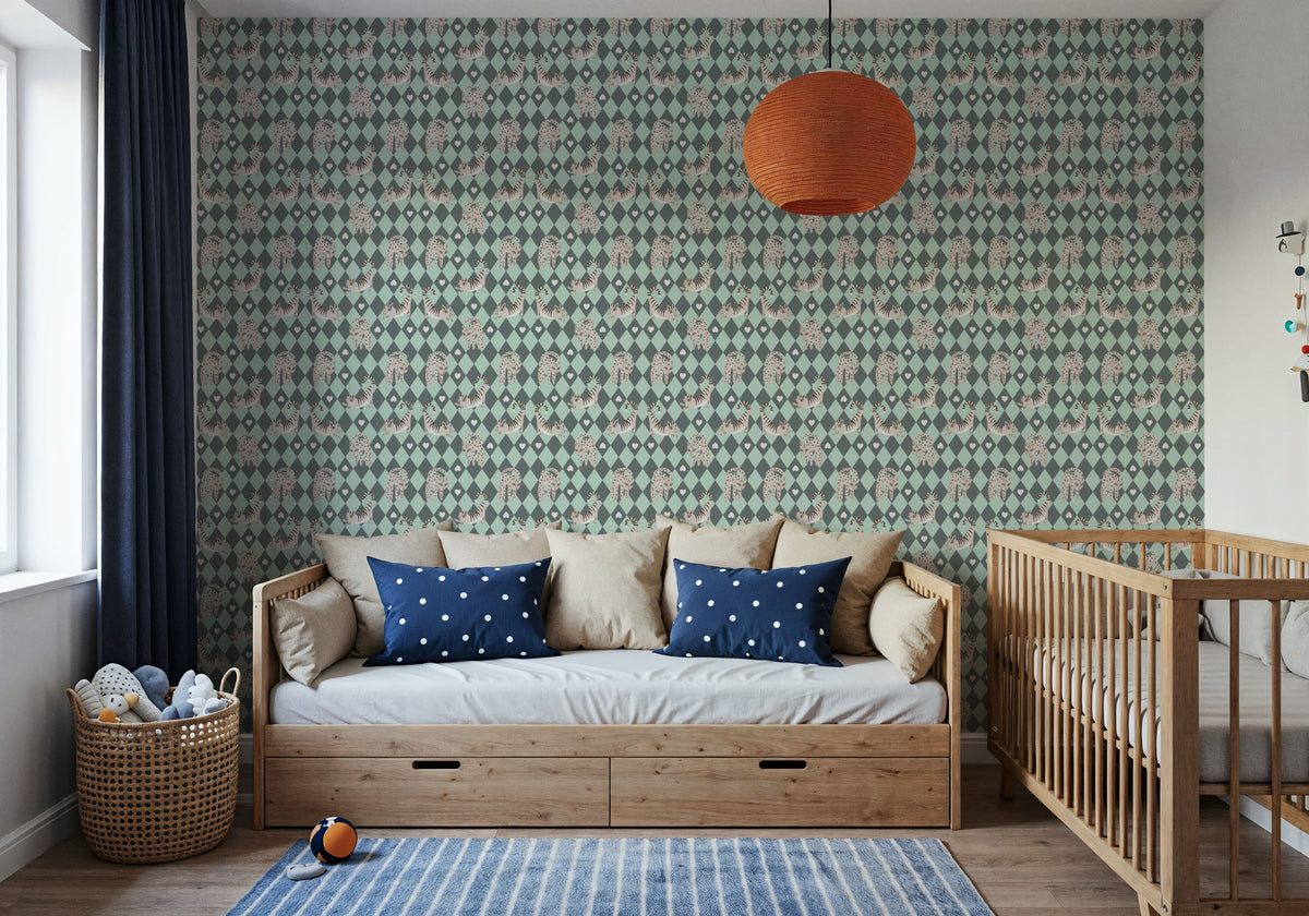 Harlequin Kittens, Sage Mural Wallpaper - room preview 06