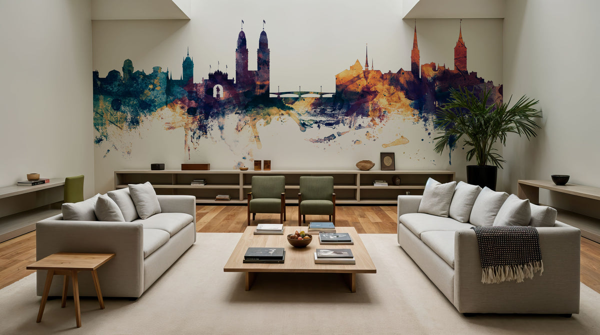 Zurich Switzerland Skyline Blue & Bronze Mural Wallpaper - room preview 06