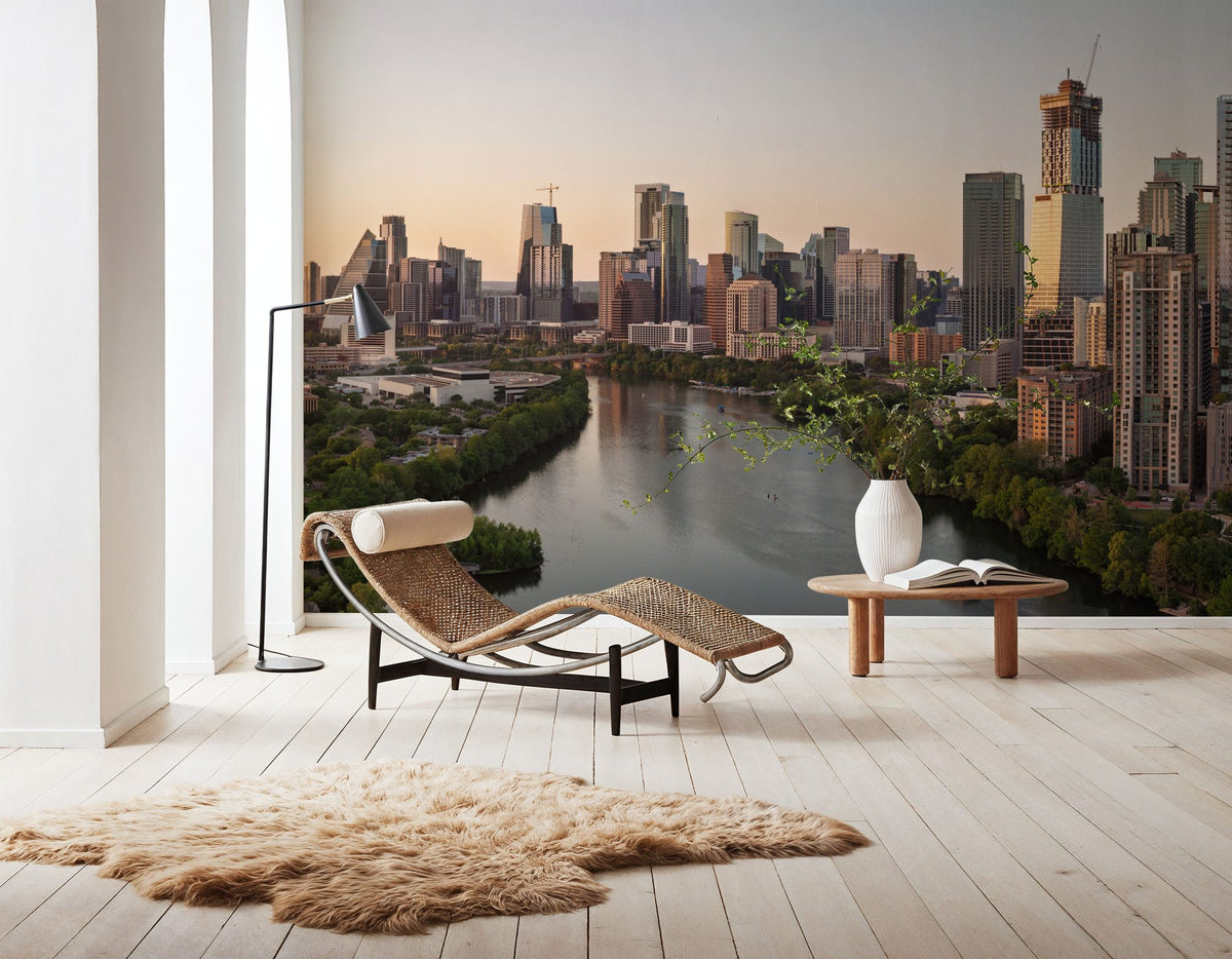 Riverside Skyscrapers Golden Metropolis Mural Wallpaper - room preview 06
