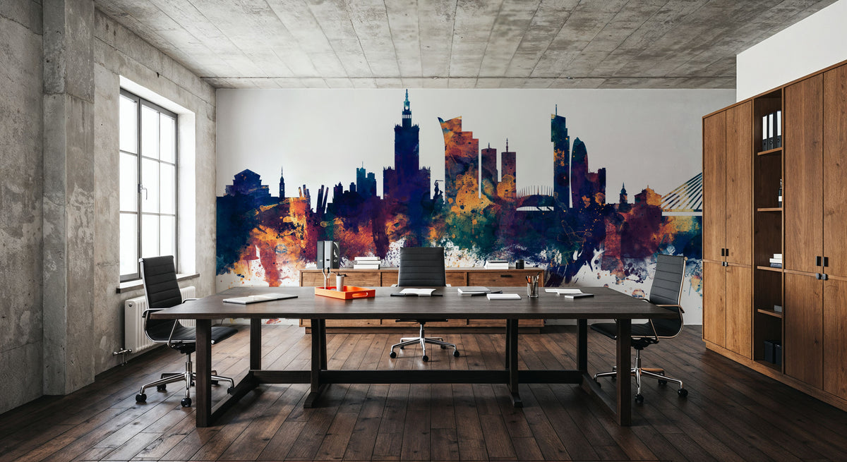 Warsaw Poland Skyline Blue & Bronze Mural Wallpaper - room preview 06