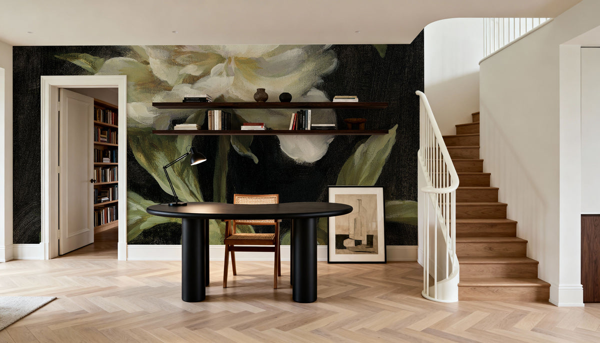 Peony on Black Mural Wallpaper - Neutral Tone - room preview 06