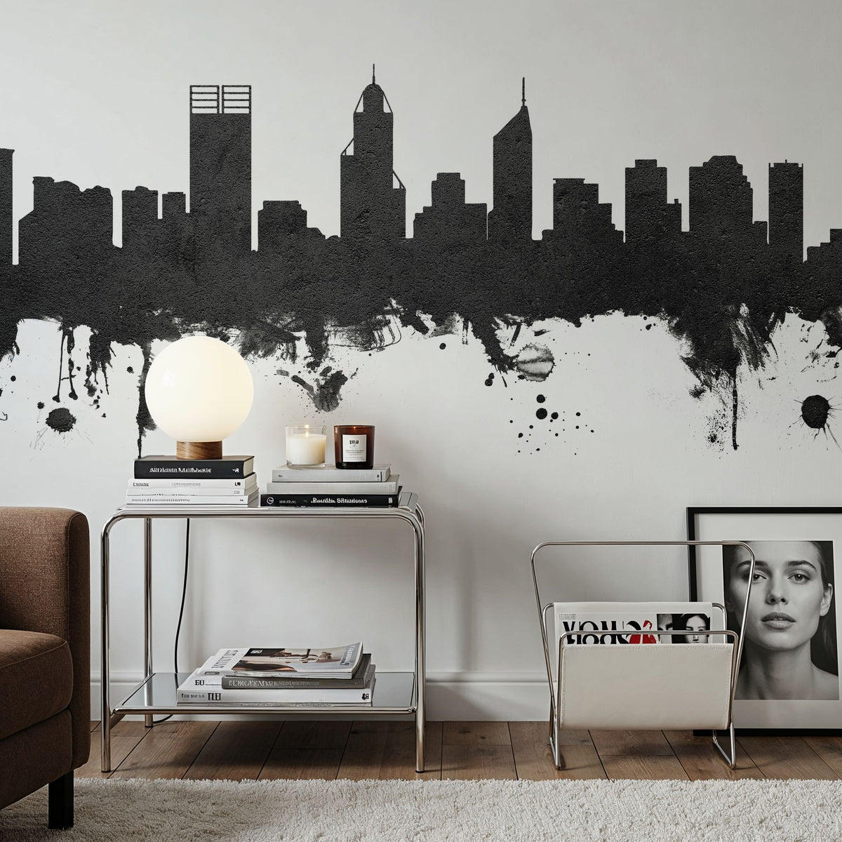 Perth Australia Skyline Black & White Mural Wallpaper - room preview 06
