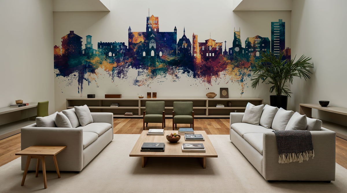 St Albans England Skyline Blue & Bronze Mural Wallpaper - room preview 06