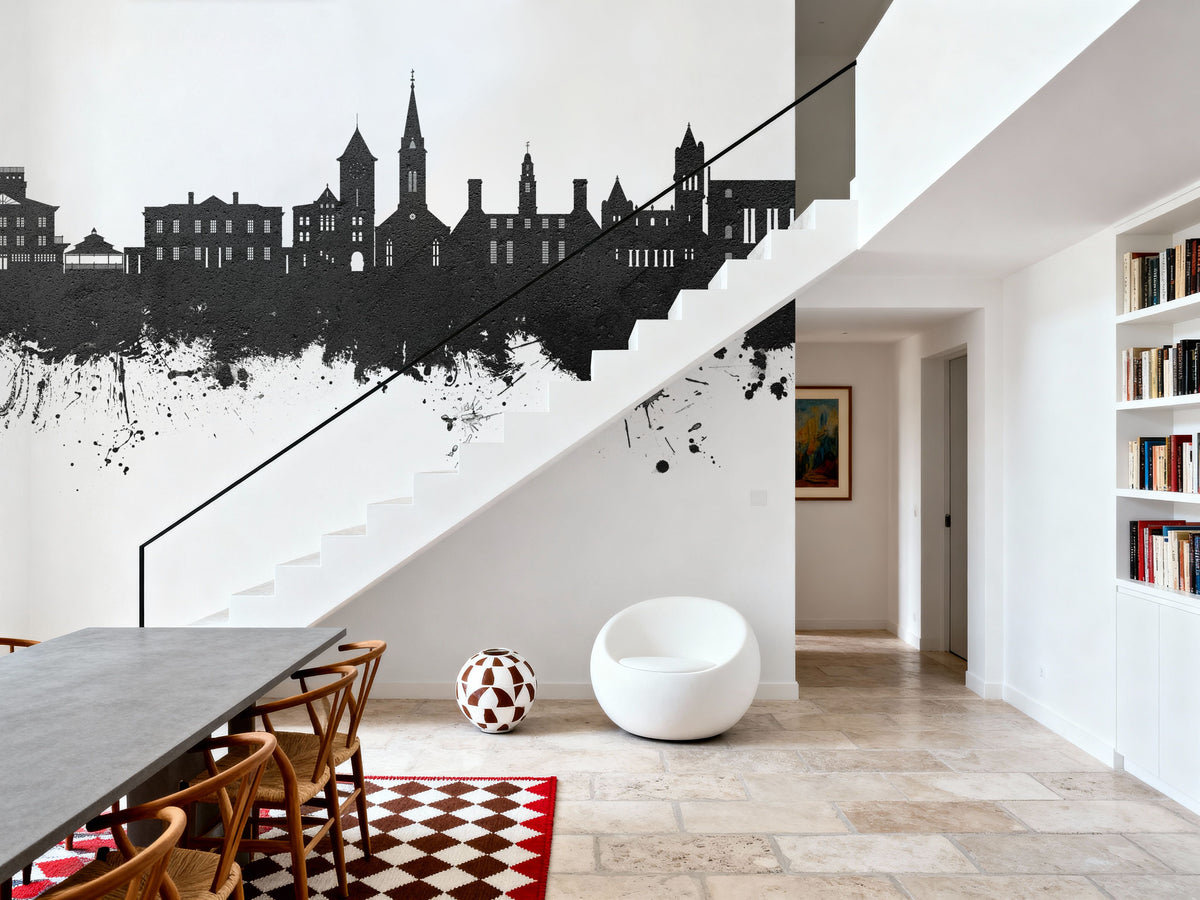 New Bern North Carolina Skyline Black & White Mural Wallpaper - room preview 06