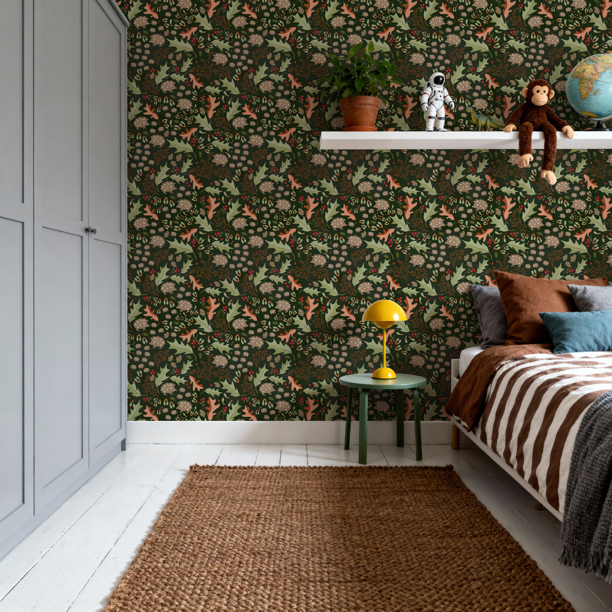 Autumn Hedgehogs, Dark Green Mural Wallpaper