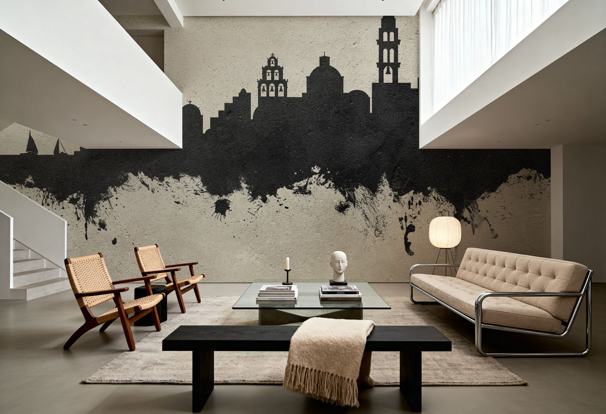 Santorini Skyline Concrete Mural Wallpaper - room preview 06
