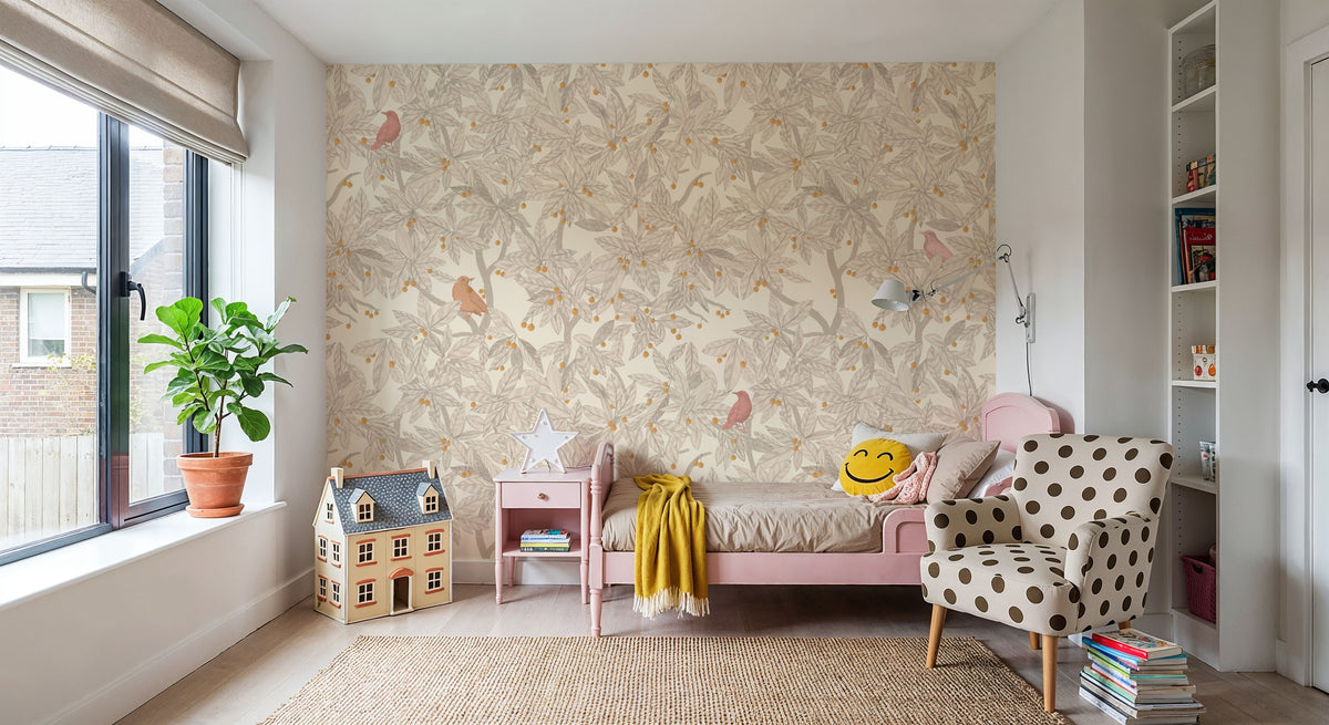 Cherry Tree Birds, Beige Mural Wallpaper - room preview 06