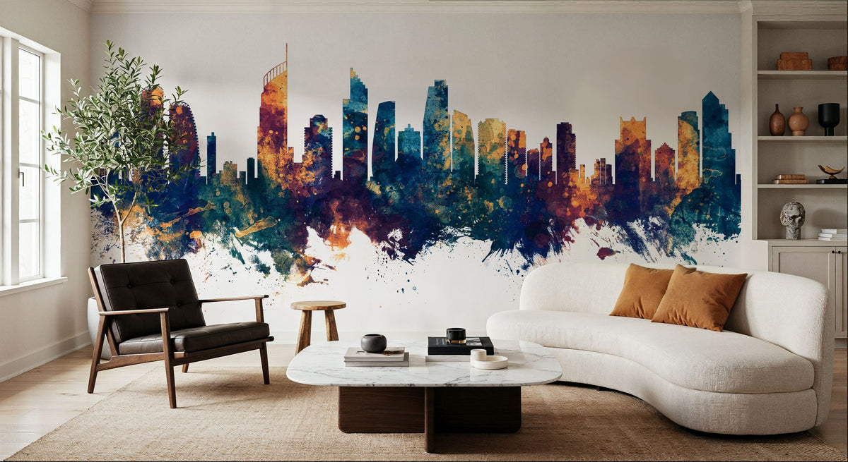 Gold Coast Australia Skyline Blue & Bronze Mural Wallpaper - room preview 06