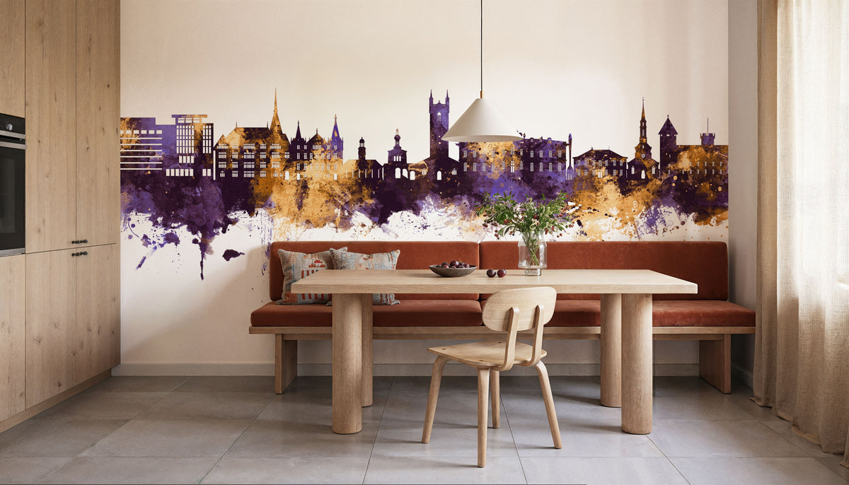 Vevey Switzerland Skyline Purple & Gold Mural Wallpaper - room preview 06