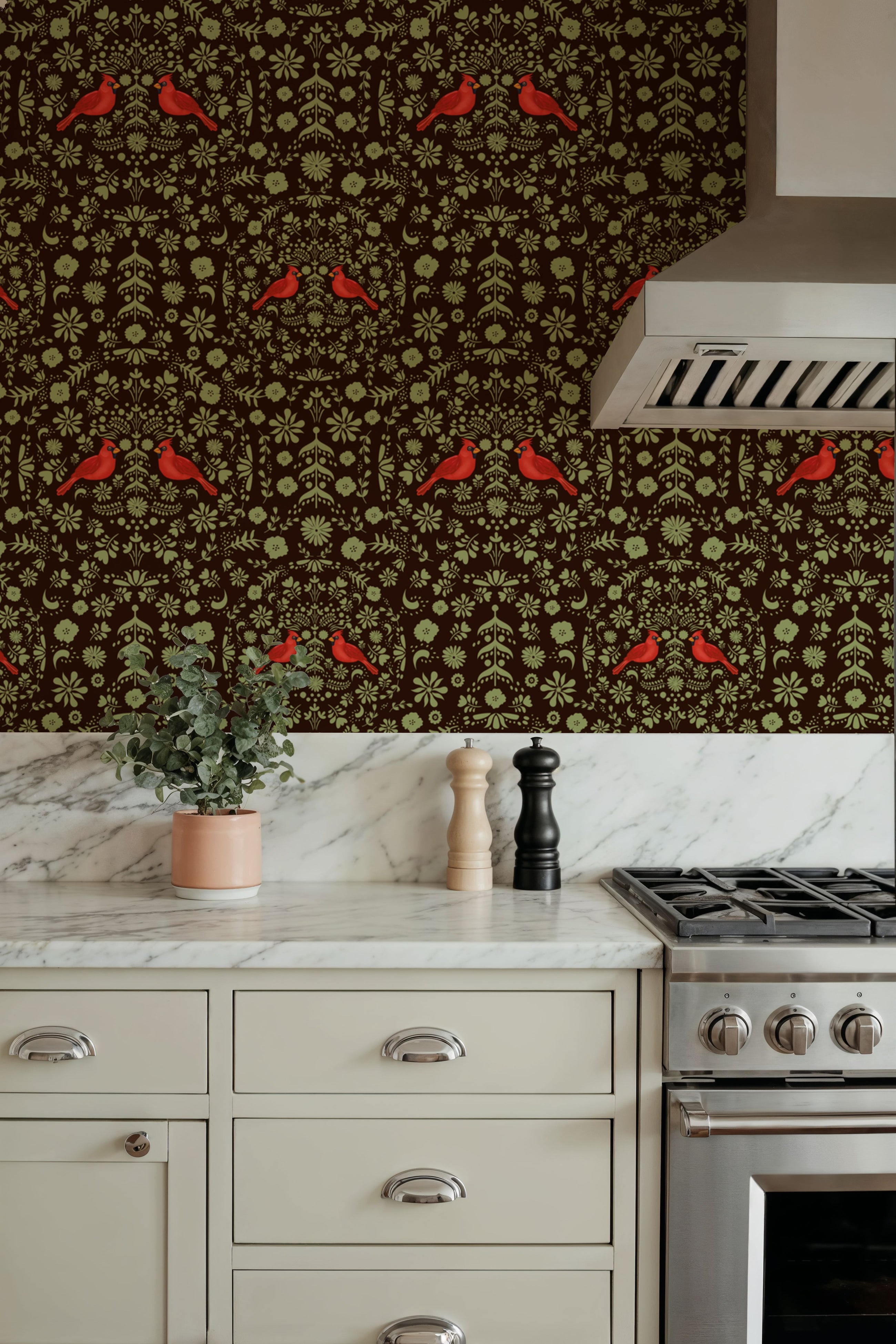 Cardinal Christmas, Green Mural Wallpaper