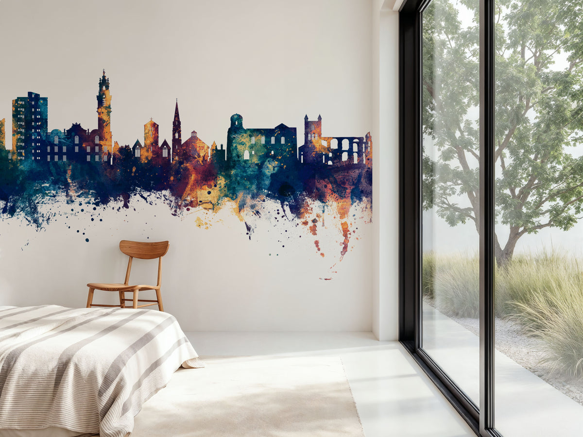 Colchester England Skyline Blue & Bronze Mural Wallpaper - room preview 06