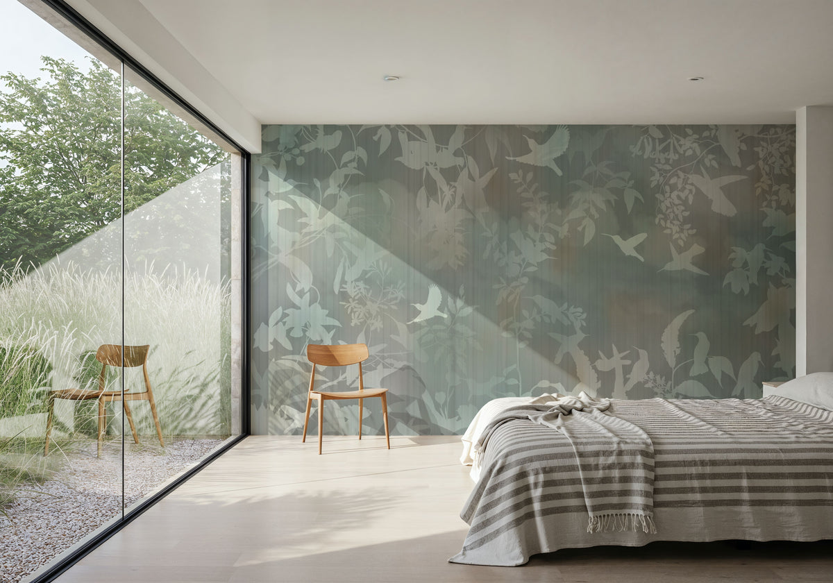 Birds in the Fog Green Mural Wallpaper - room preview 06