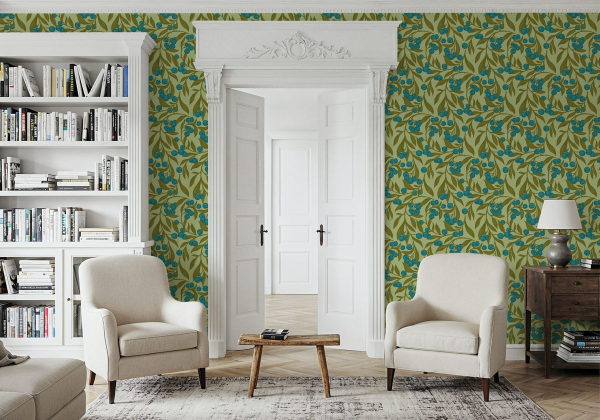 Autumn Berries, Blue Mural Wallpaper - room preview 06