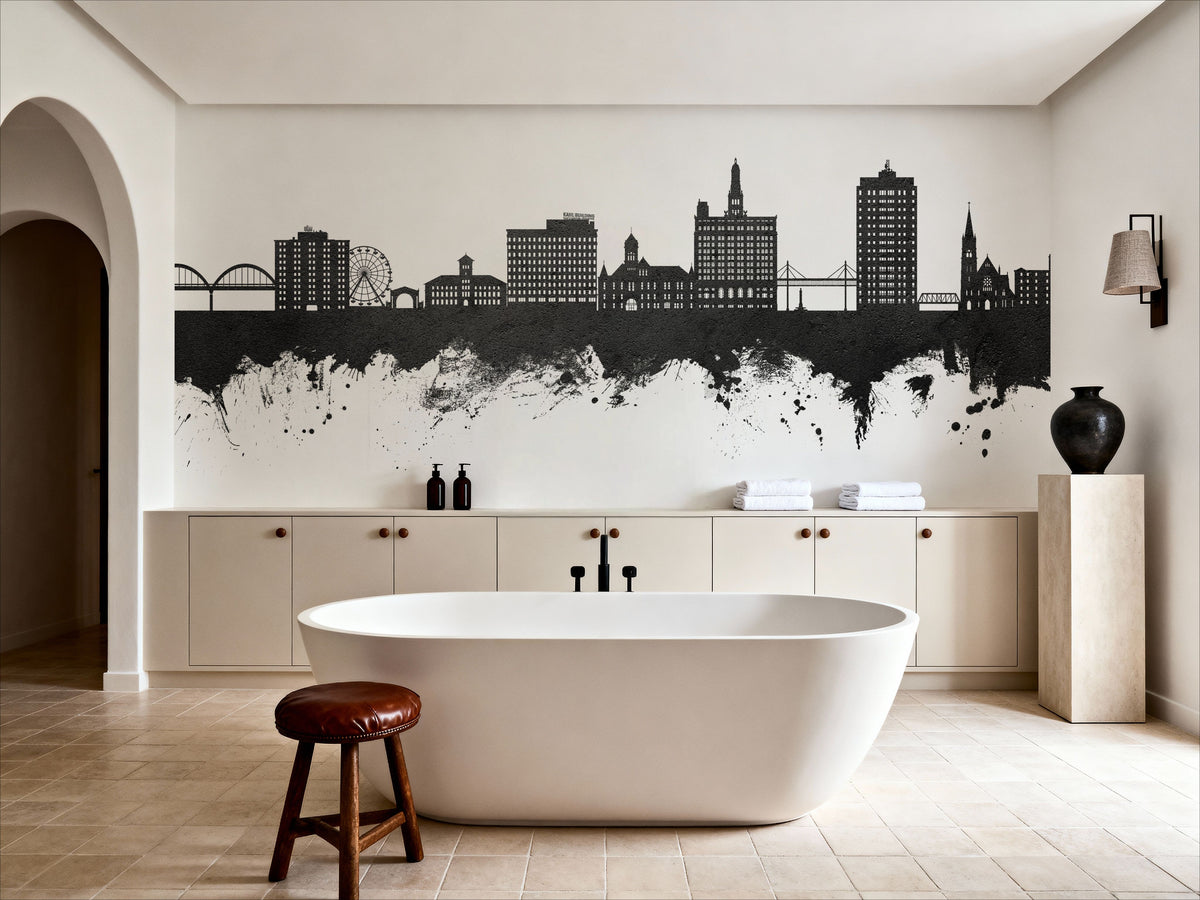 Davenport Iowa Skyline Black & White Mural Wallpaper - room preview 06