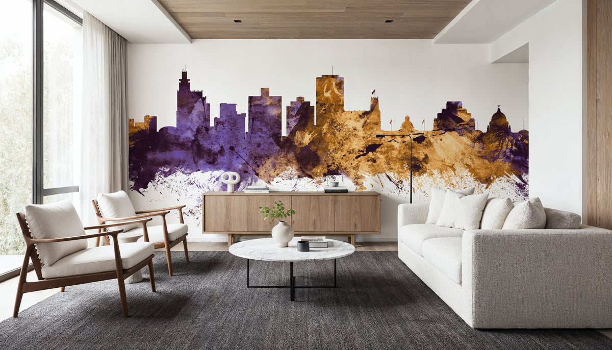 Jackson Mississippi Skyline Purple & Gold Mural Wallpaper - room preview 06