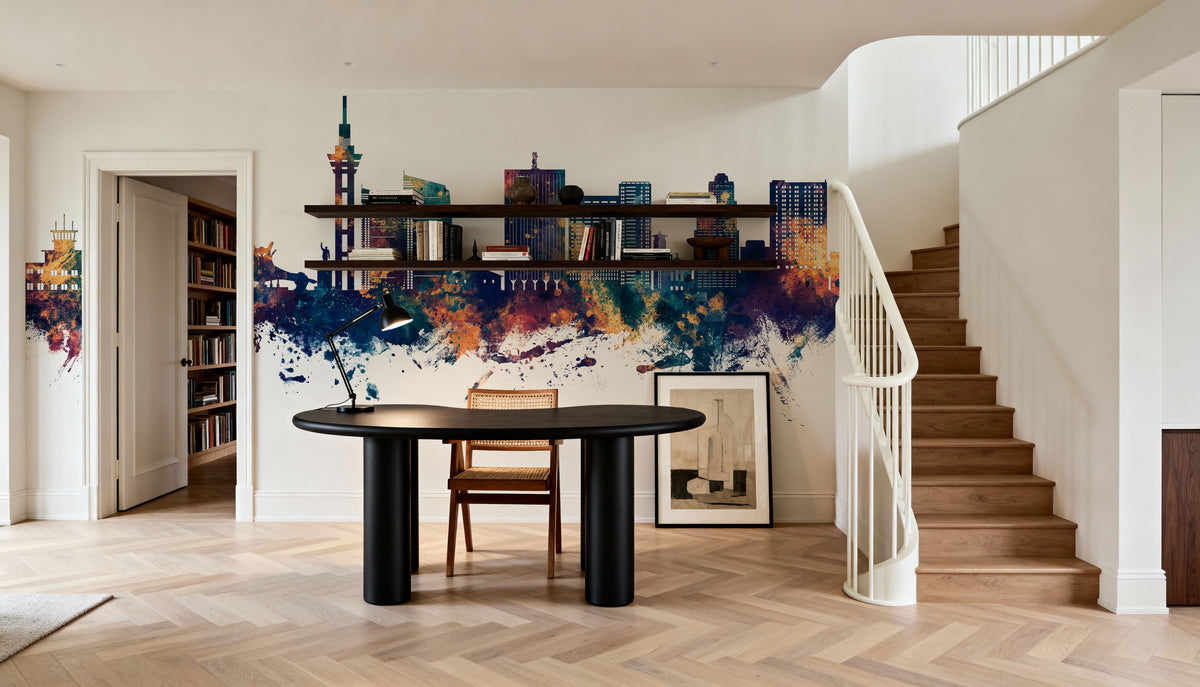 Kinshasa Skyline Blue & Bronze Mural Wallpaper - room preview 06