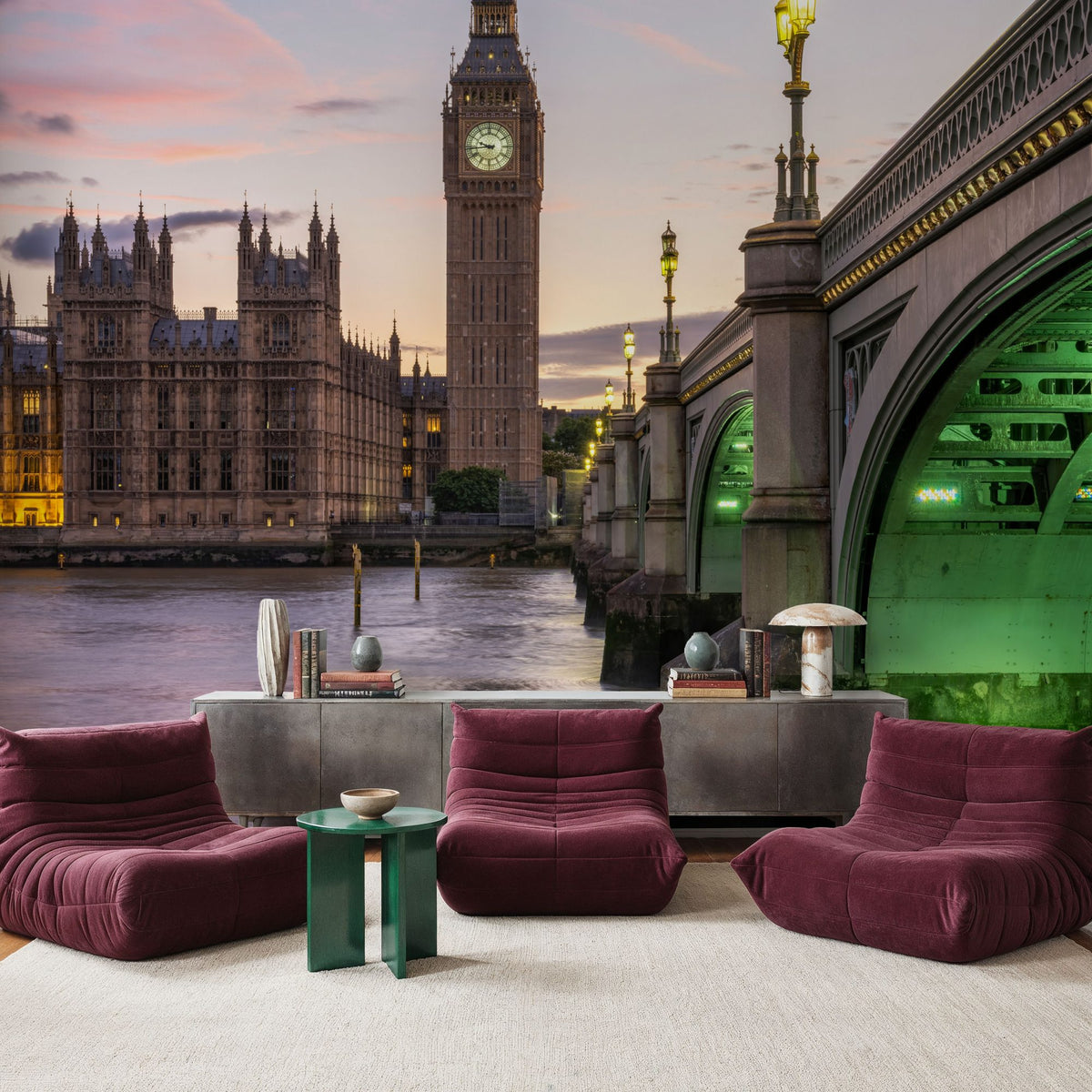 Big Ben and Westminster Bridge At Sunset Mural Wallpaper - room preview 06