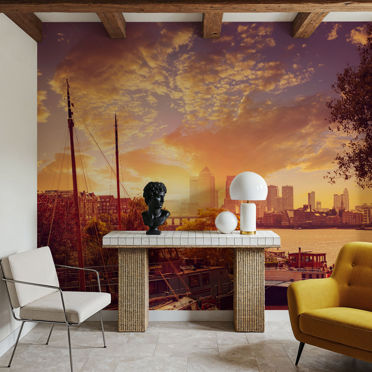 Golden Boat Metropolis Dusk Mural Wallpaper - room preview 06