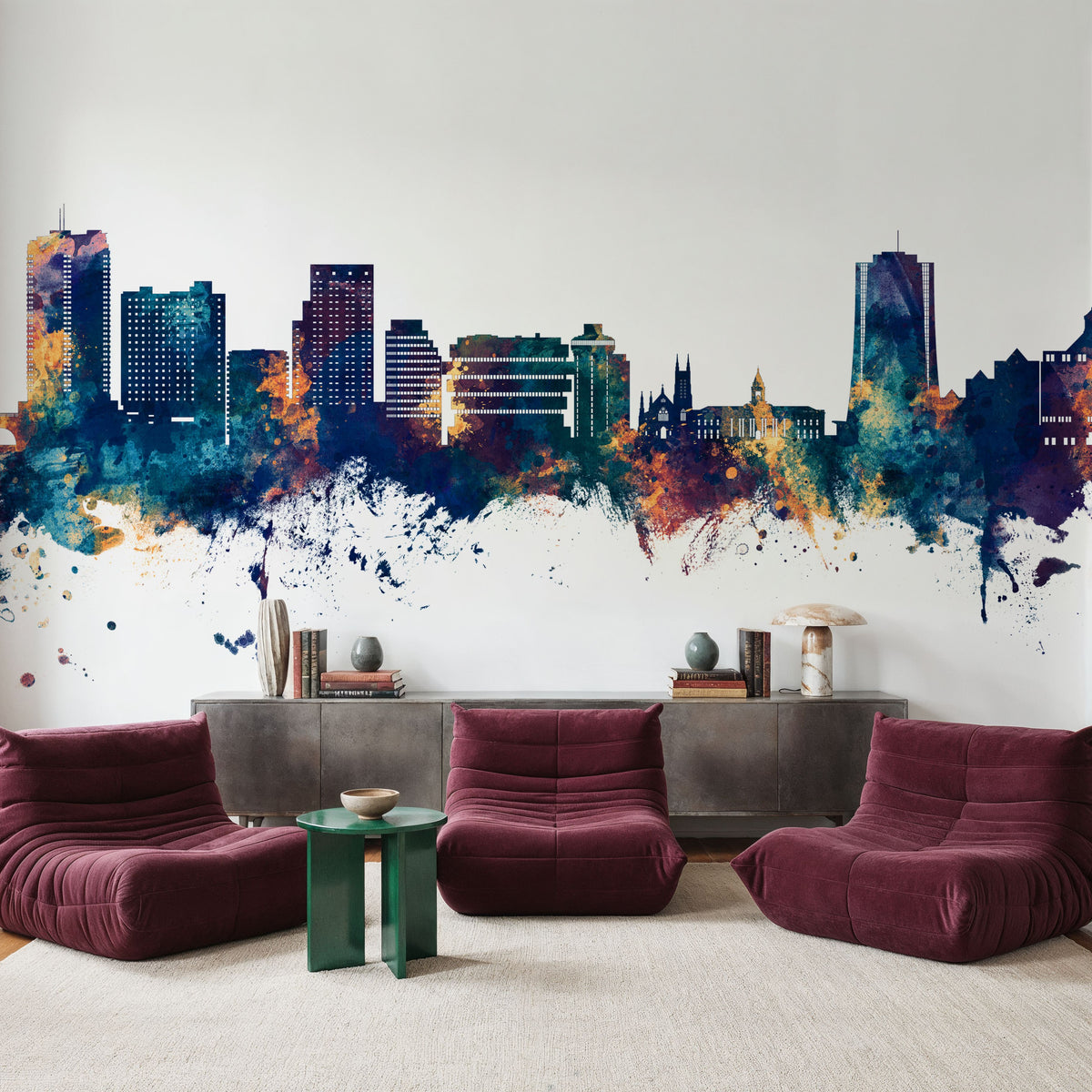 Stamford Connecticut Skyline Blue & Bronze Mural Wallpaper - room preview 06
