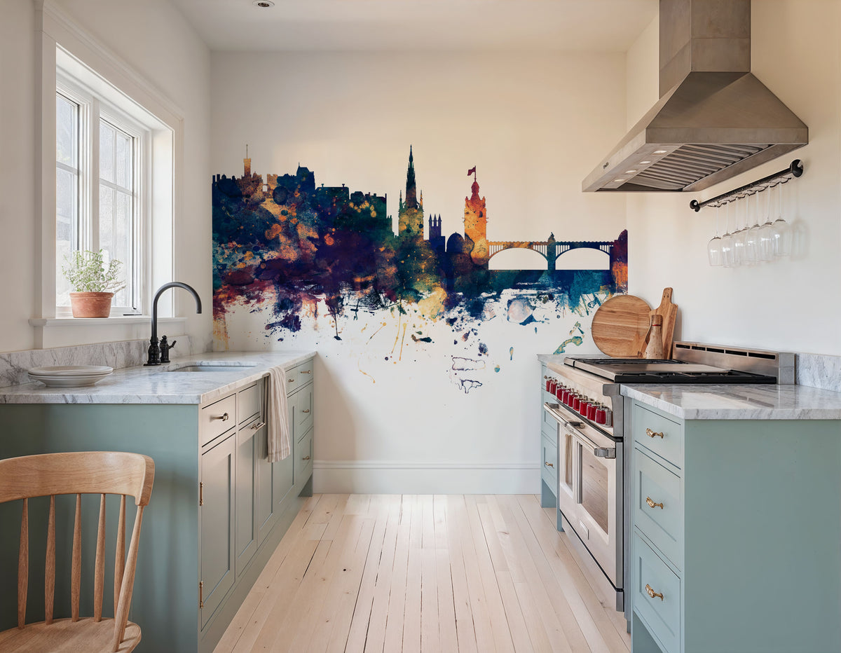 Edinburgh Scotland Skyline Blue & Bronze Mural Wallpaper - room preview 06