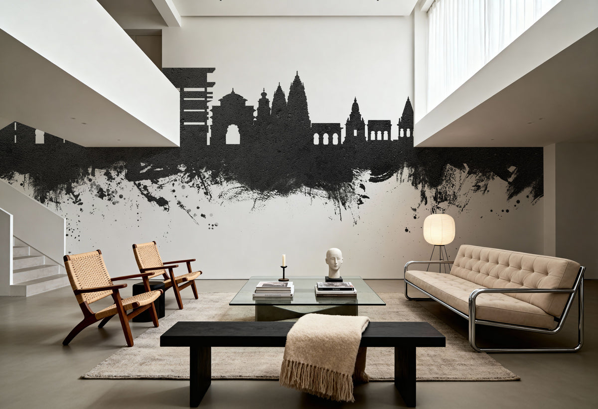Pandharpur India Skyline Black & White Mural Wallpaper - room preview 06