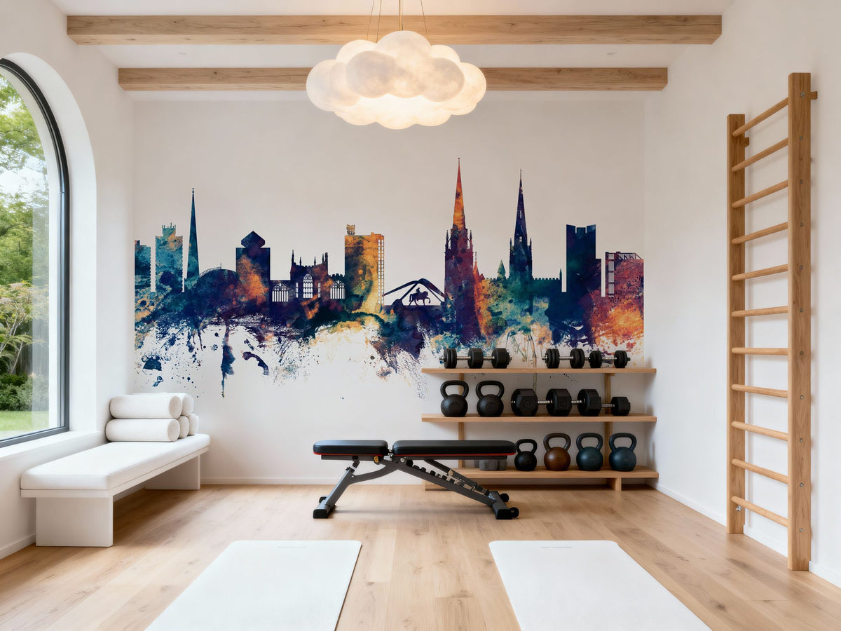 Coventry England Skyline Blue & Bronze Mural Wallpaper - room preview 06