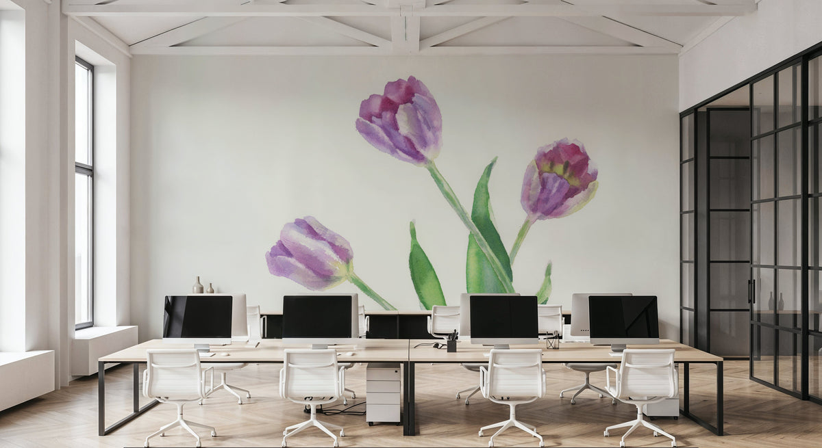 Lavender Tulip Watercolor Mural Wallpaper - room preview 06