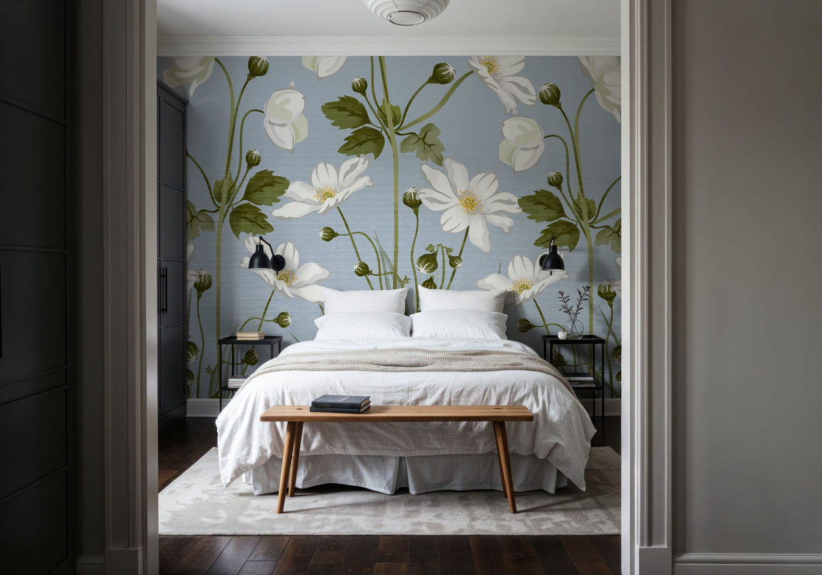 White Anemones, Sky Blue Mural Wallpaper - room preview 06