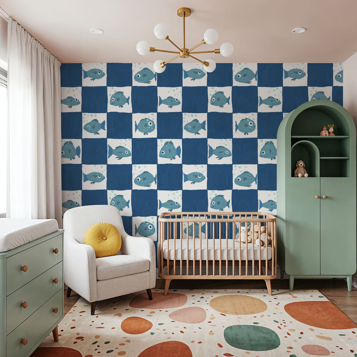 Fish Checkers, Blue Mural Wallpaper - room preview 06