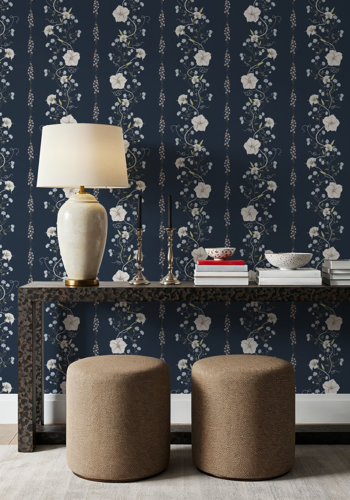 Trailing Flower Stripe, Navy Mural Wallpaper - room preview 06