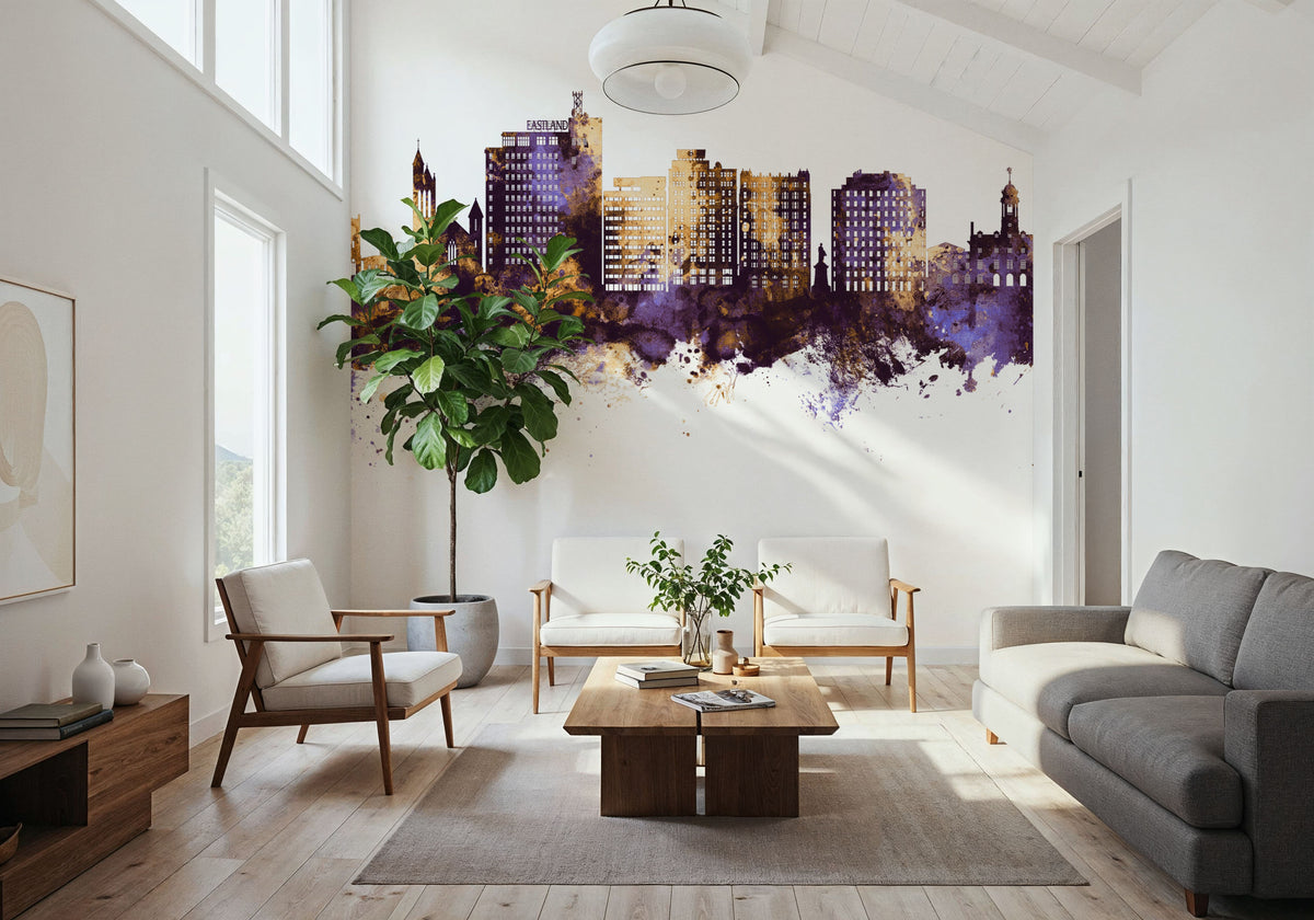 Portland Maine Skyline Purple & Gold Mural Wallpaper - room preview 06