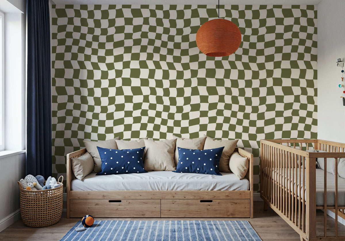 Warped Checkerboard, Olive Mural Wallpaper - room preview 06