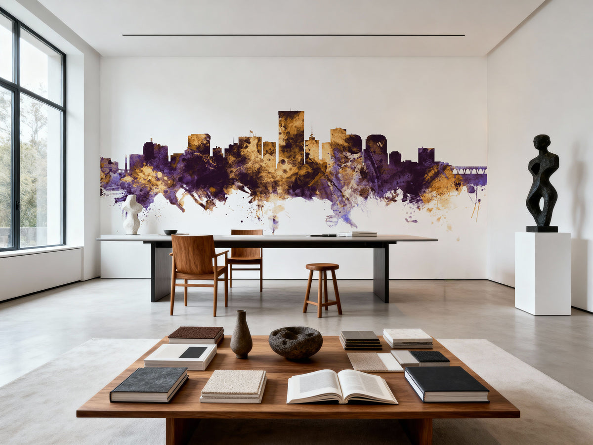 Richmond Virginia Skyline Purple & Gold Mural Wallpaper - room preview 06