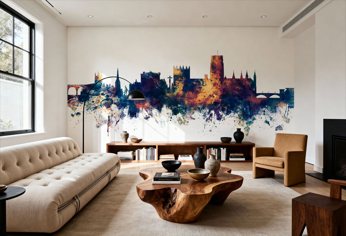 Durham England Skyline Blue & Bronze Mural Wallpaper - room preview 06