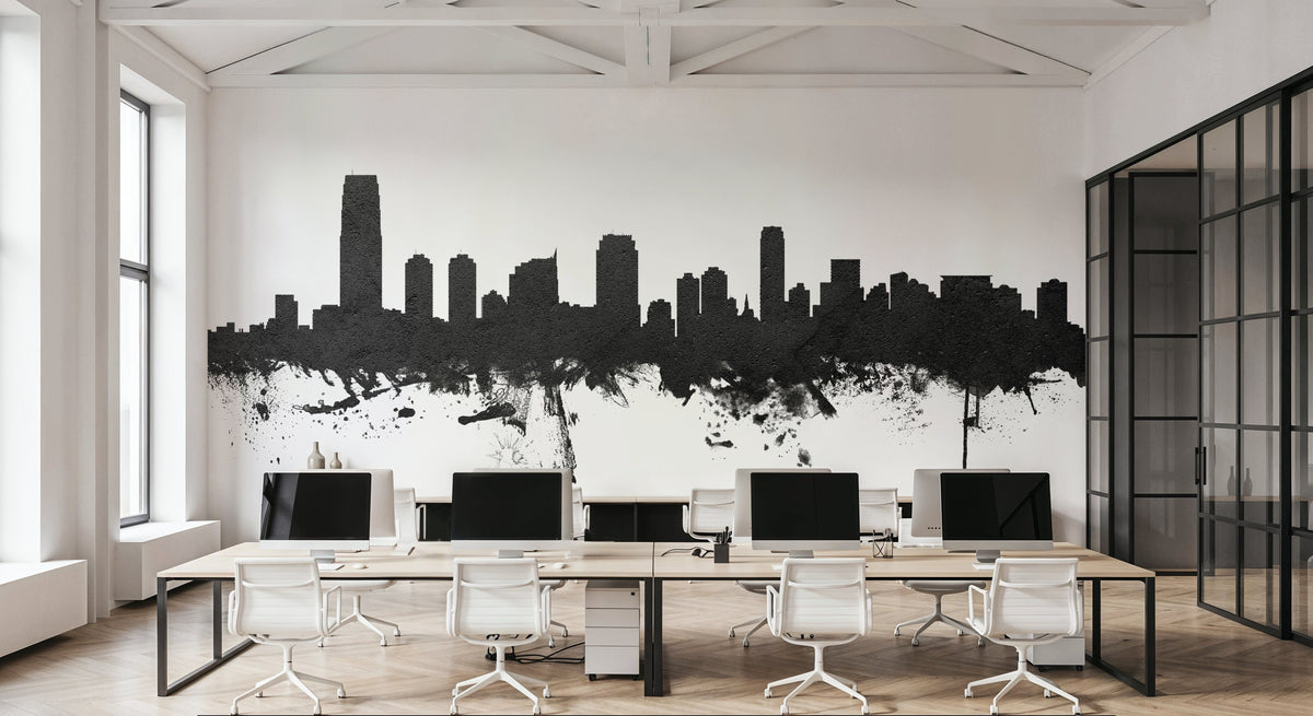 Jersey City New York Skyline Black & White Mural Wallpaper - room preview 06
