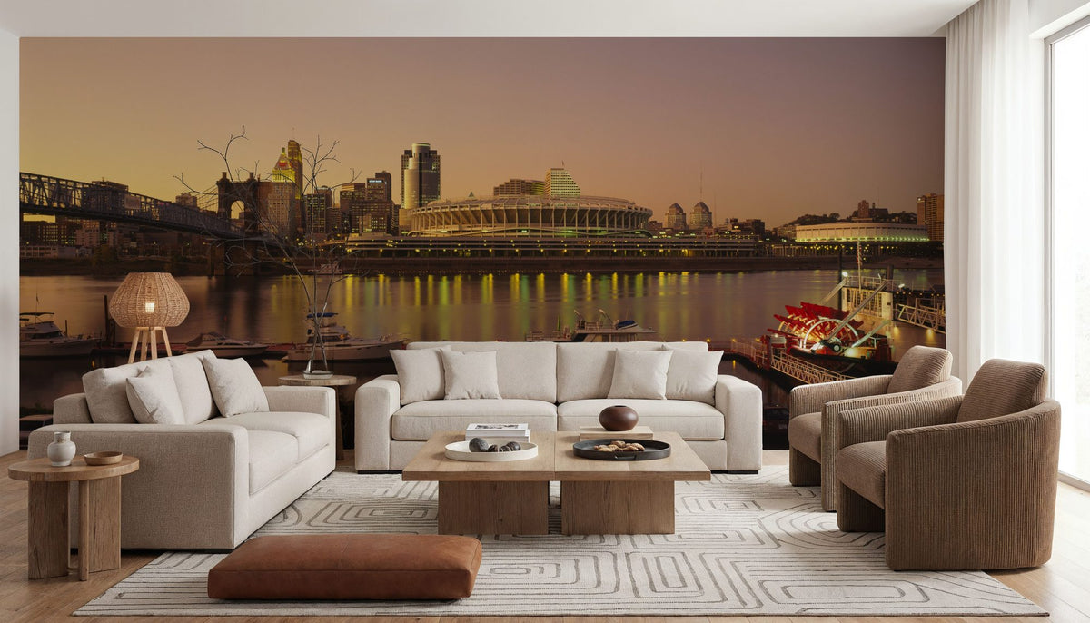 Riverfront Sunset Panorama Mural Wallpaper - room preview 06