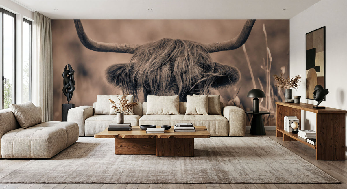 Highland Meadow Portrait Sepia Mural Wallpaper - room preview 06