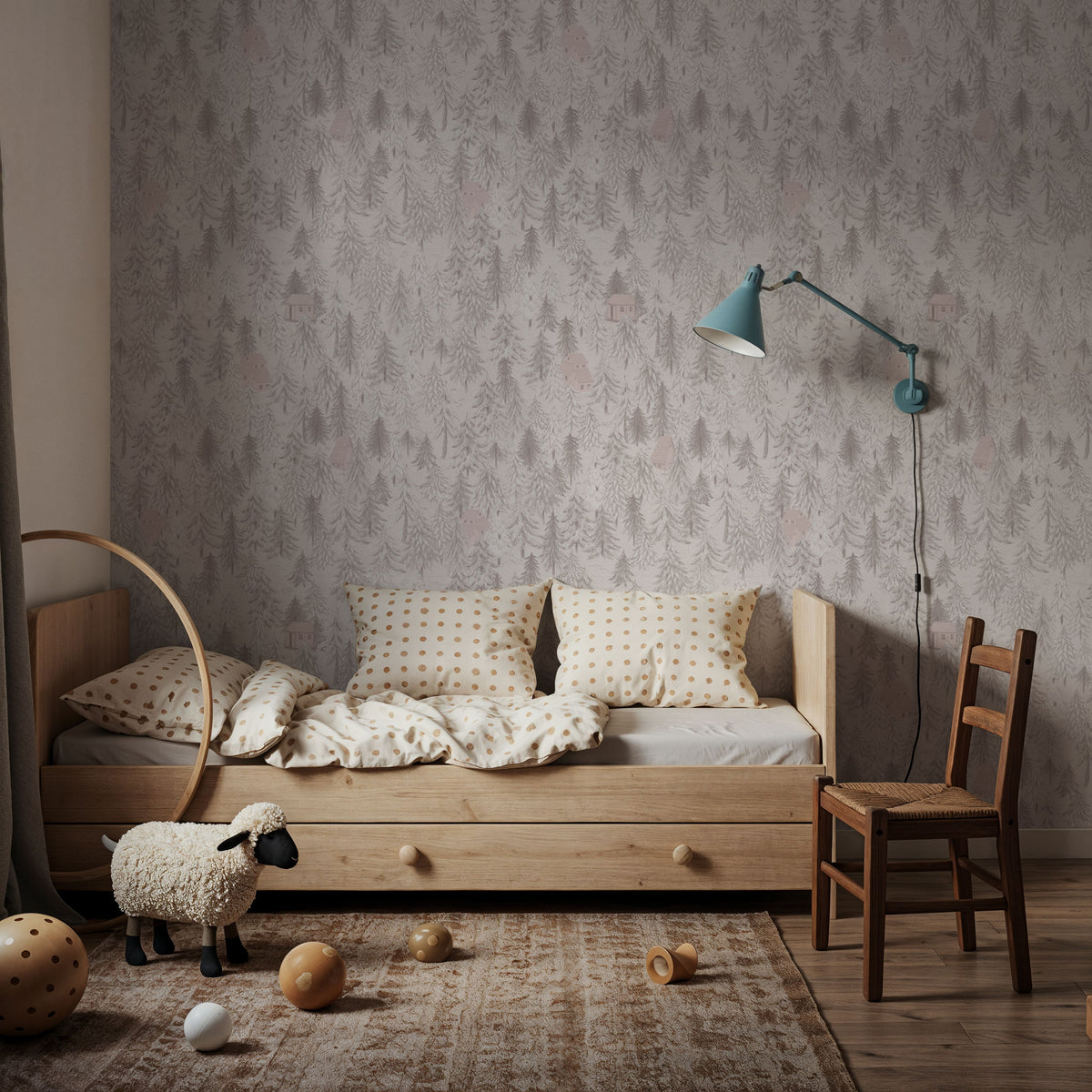 Forest Cabins, Blush Pink Mural Wallpaper - room preview 06