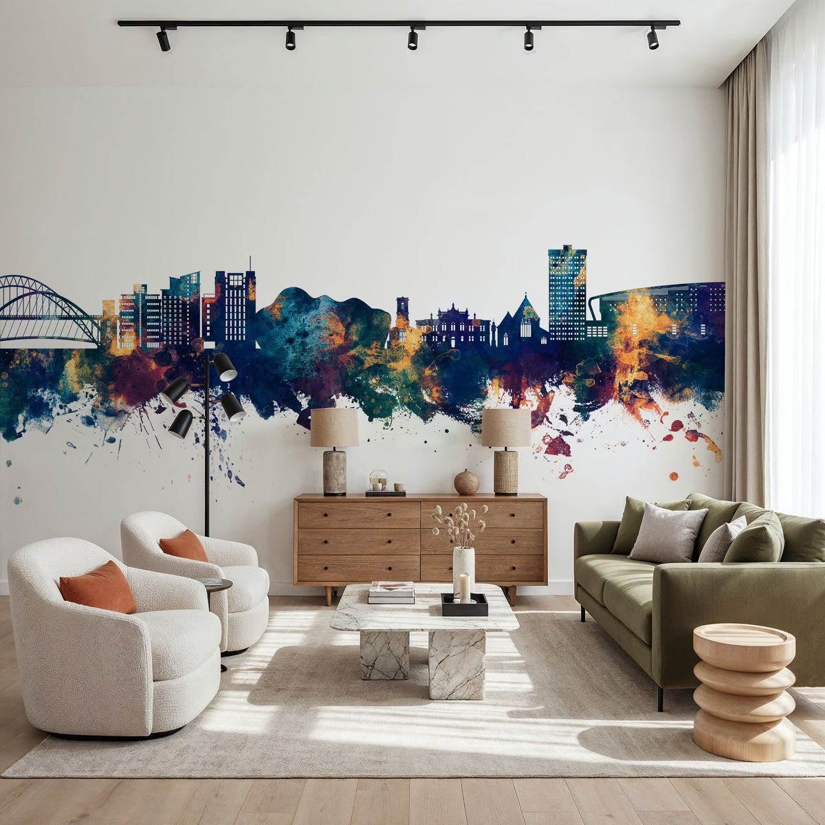 Gateshead England Skyline Blue & Bronze Mural Wallpaper - room preview 06