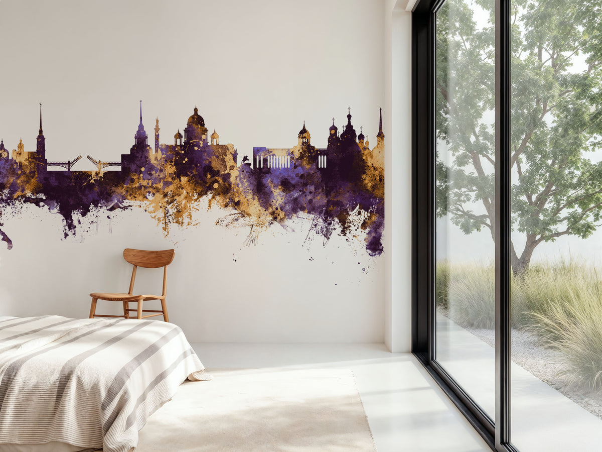 St Petersbug Russia Skyline Purple & Gold Mural Wallpaper - room preview 06