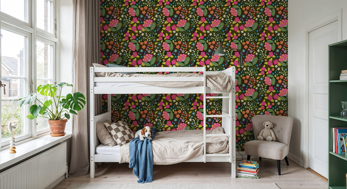 Happy Flowers, Pine Green Mural Wallpaper - room preview 06