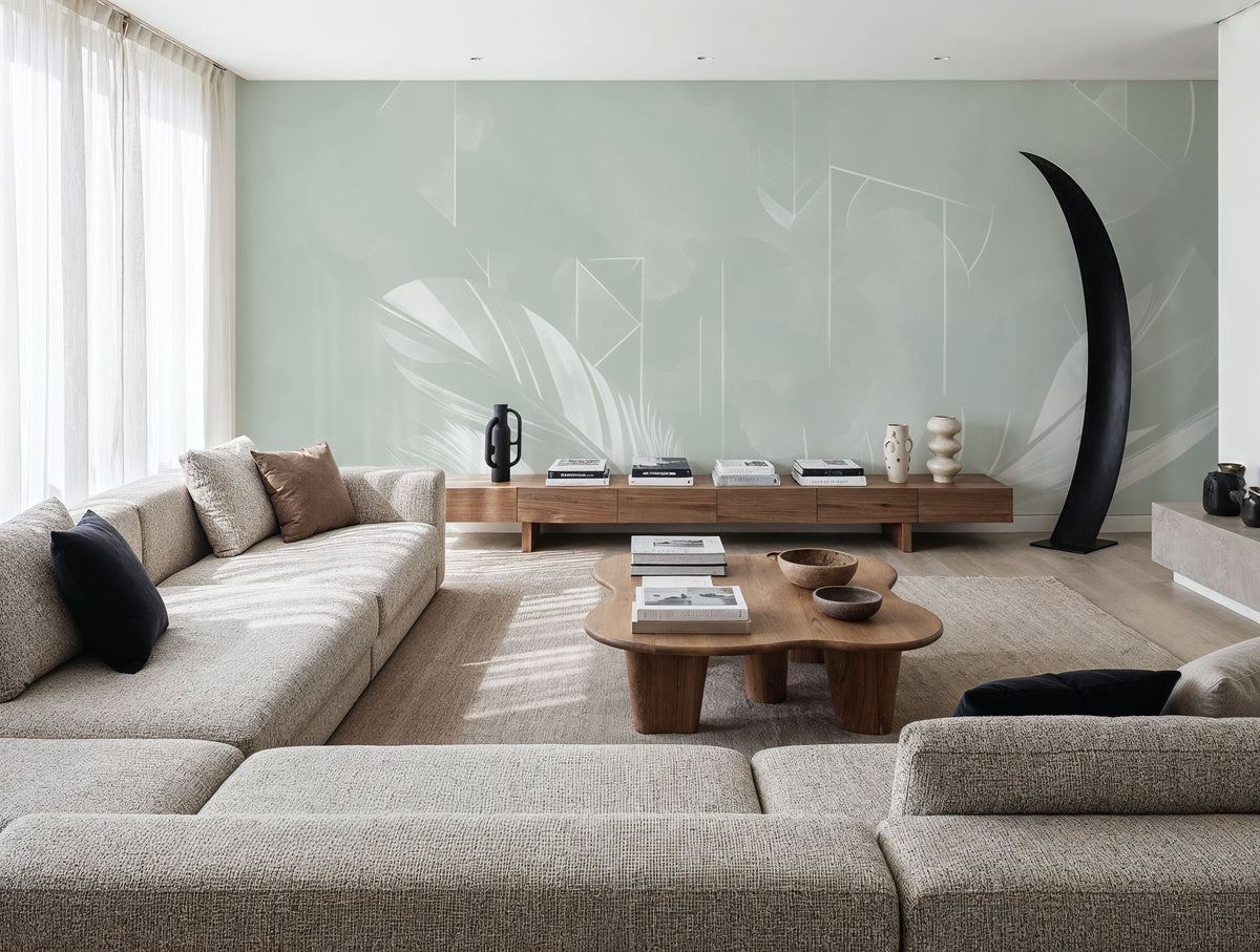 Solid Feather Geometry Green Mural Wallpaper - room preview 06