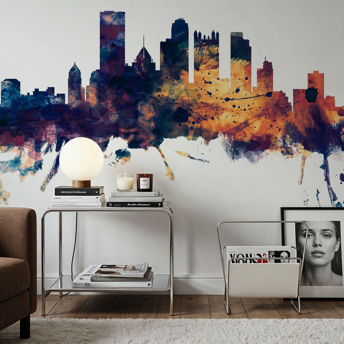 Pittsburg Pennsylvania Skyline Blue & Bronze Mural Wallpaper - room preview 06