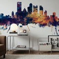 Pittsburg Pennsylvania Skyline Blue & Bronze Mural Wallpaper - room preview 06