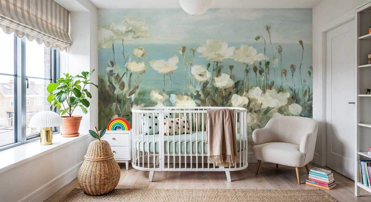 Field of Poppies Bright Cream Crop Mural Wallpaper - room preview 06
