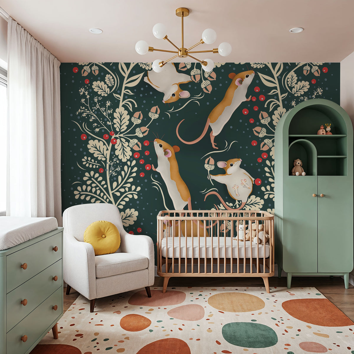 Holiday Mice, Emerald Mural Wallpaper - room preview 06