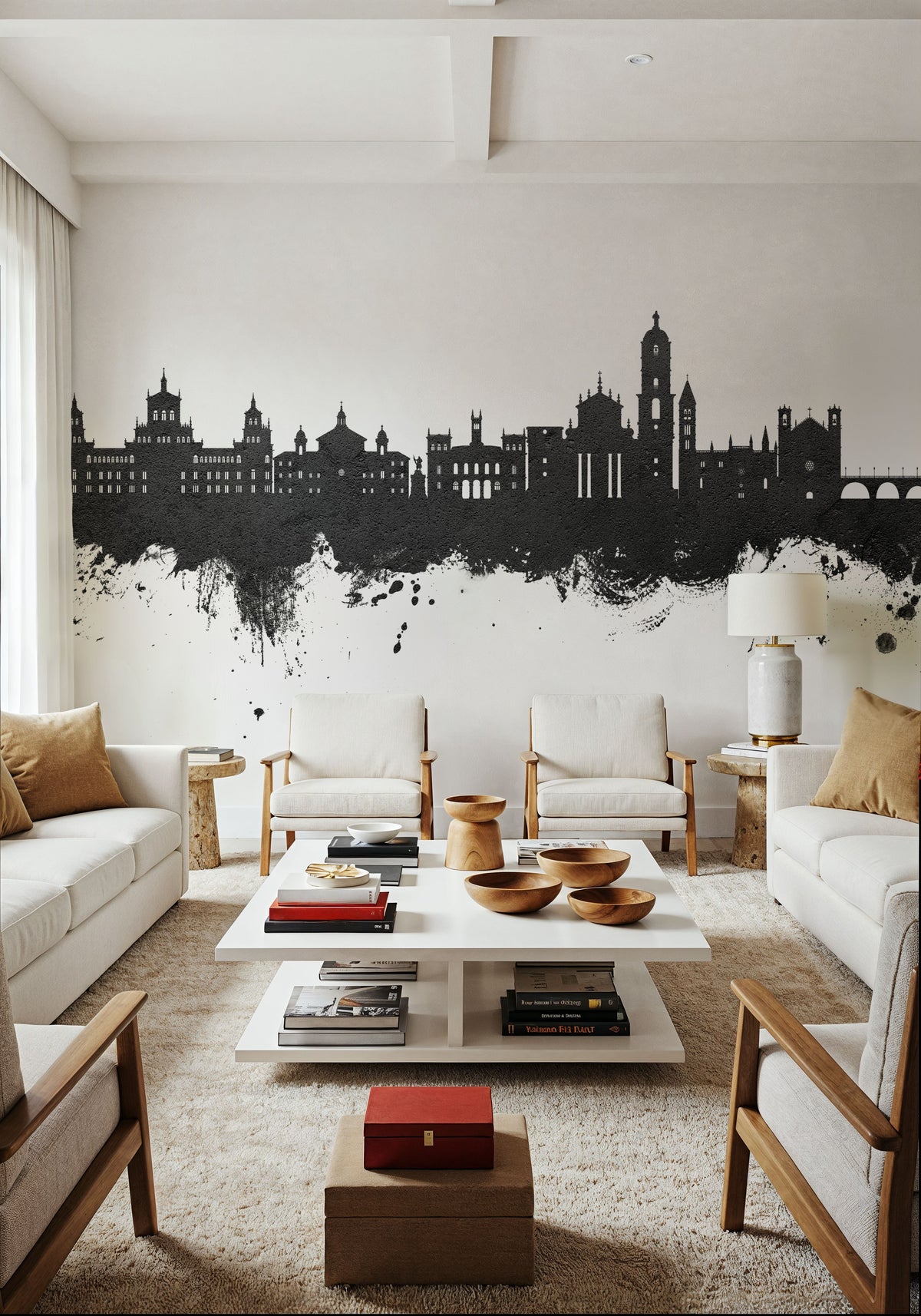 Valladolid Spain Skyline Black & White Mural Wallpaper - room preview 06