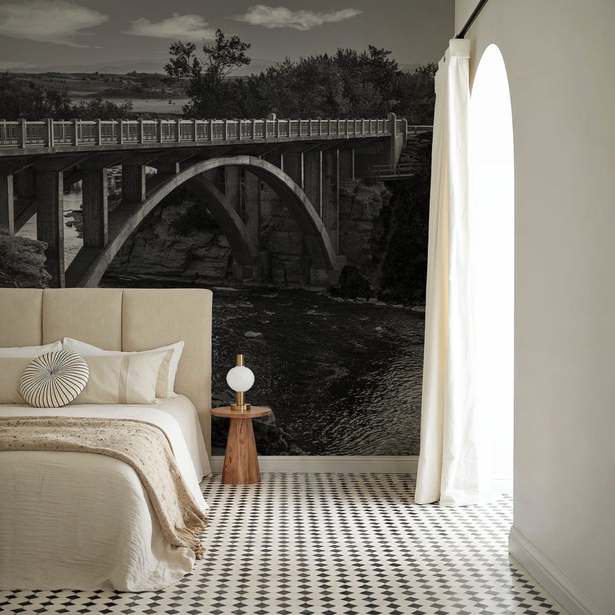 Lundbreck Falls Bridge BW Mural Wallpaper - room preview 06