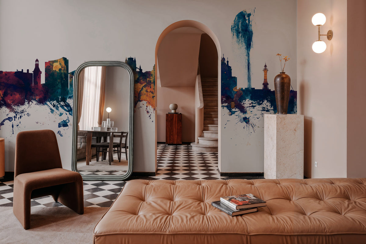 Geneva Switzerland Skyline Blue & Bronze Mural Wallpaper - room preview 06