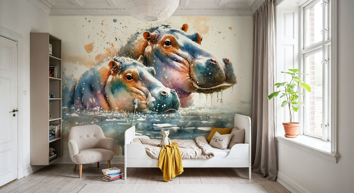 Whispers of the River Hippopotamus Mural Wallpaper - room preview 06
